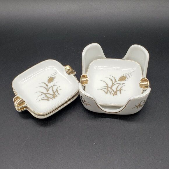 Lefton White Gold Wheat Design Vintage Personal Porcelain Ashtrays with Holder - Picture 6 of 11